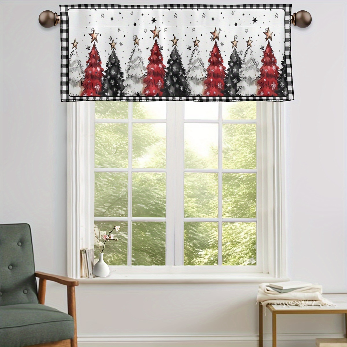 

& Christmas Tree Valance Curtain - Rod For Easy Hanging, Living Room, Bedroom, Kitchen, And Bathroom Decor Holiday Decor