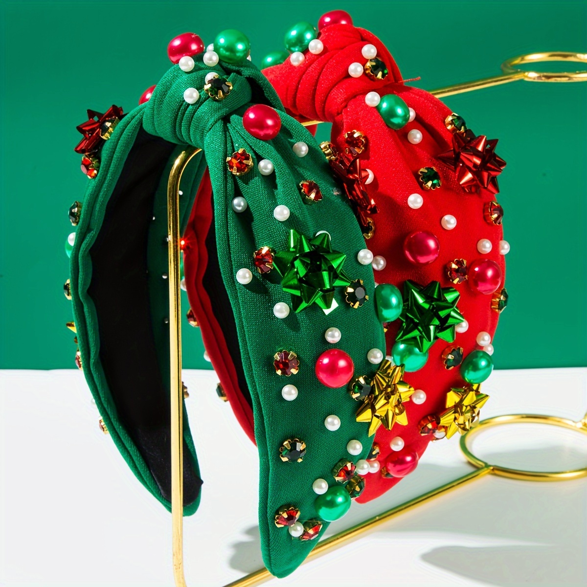 

Christmas Holiday Fabric Headbands With Rhinestone Snowflakes And Imitation Pearls - Minimalist Style Festive Dress Up Hairbands - Single Piece, Solid Color, No Feathers