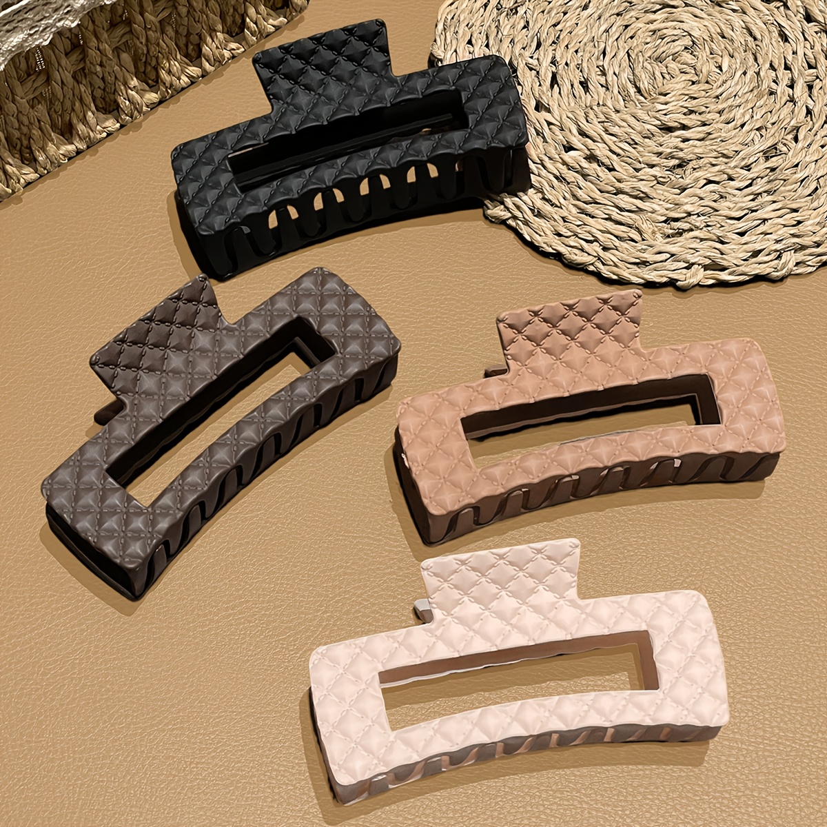 TEMU 4pcs Rhombus Square Hair Claw Clip Set, Matte Acrylic Hair Claws, Women's Minimalist Hair Accessories. The Rhombus-patterned Embossed Finish Has