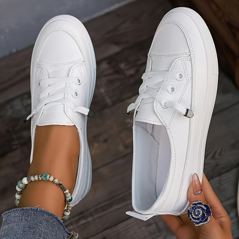 

Comfortable & Versatile Women's Casual Sneakers - Elegant White, Lace-up, Low- With Soft Fabric Lining & Rubber Sole, Cover, All