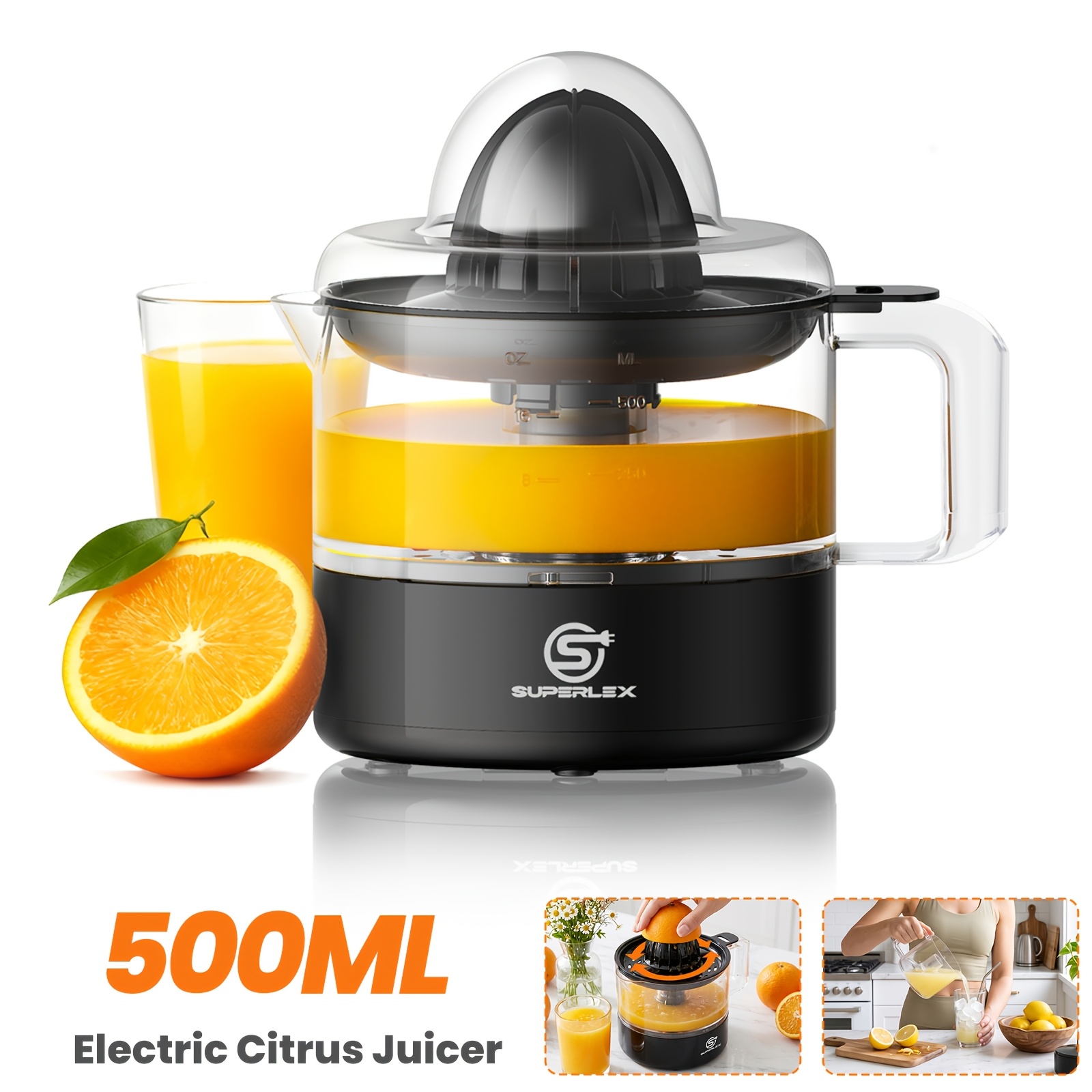 Image of Superlex Citrus Juicer With , 30w Citrus Press For Oranges, Lemons, & Grapefruits, 0.5l Squeezer With Detachable Filter, Reamer & For Easy Clean