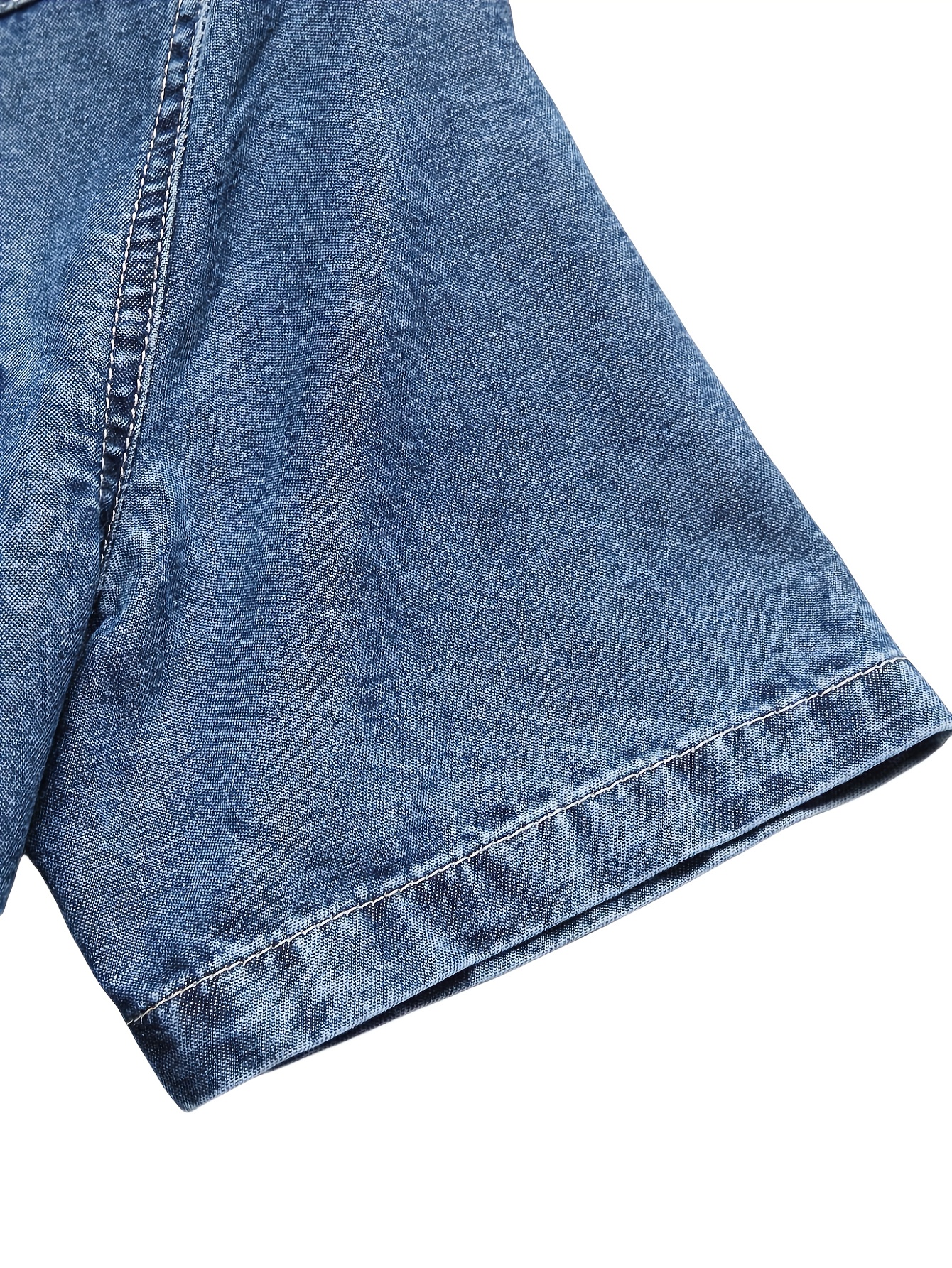 Men'S Distressed Denim Short Sleeve Button-Up Shirt with Frayed Hem & Pockets - Casual Summer Style, Light Blue, Non-Stretch Fabric, Perfect for Casual Attire, Casual Summer Wear | Distressed Denim Shirt | Frayed Hem Shirt