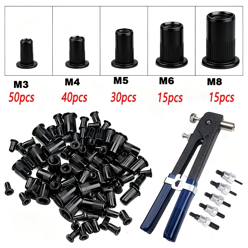 TEMU Jeu d'outils de pistolet à manuel à écrous à goujons, 150 pièces écrous à goujons verticaux à nervures noirs M3/M4/M5/M6/M8, jeu d'outils de