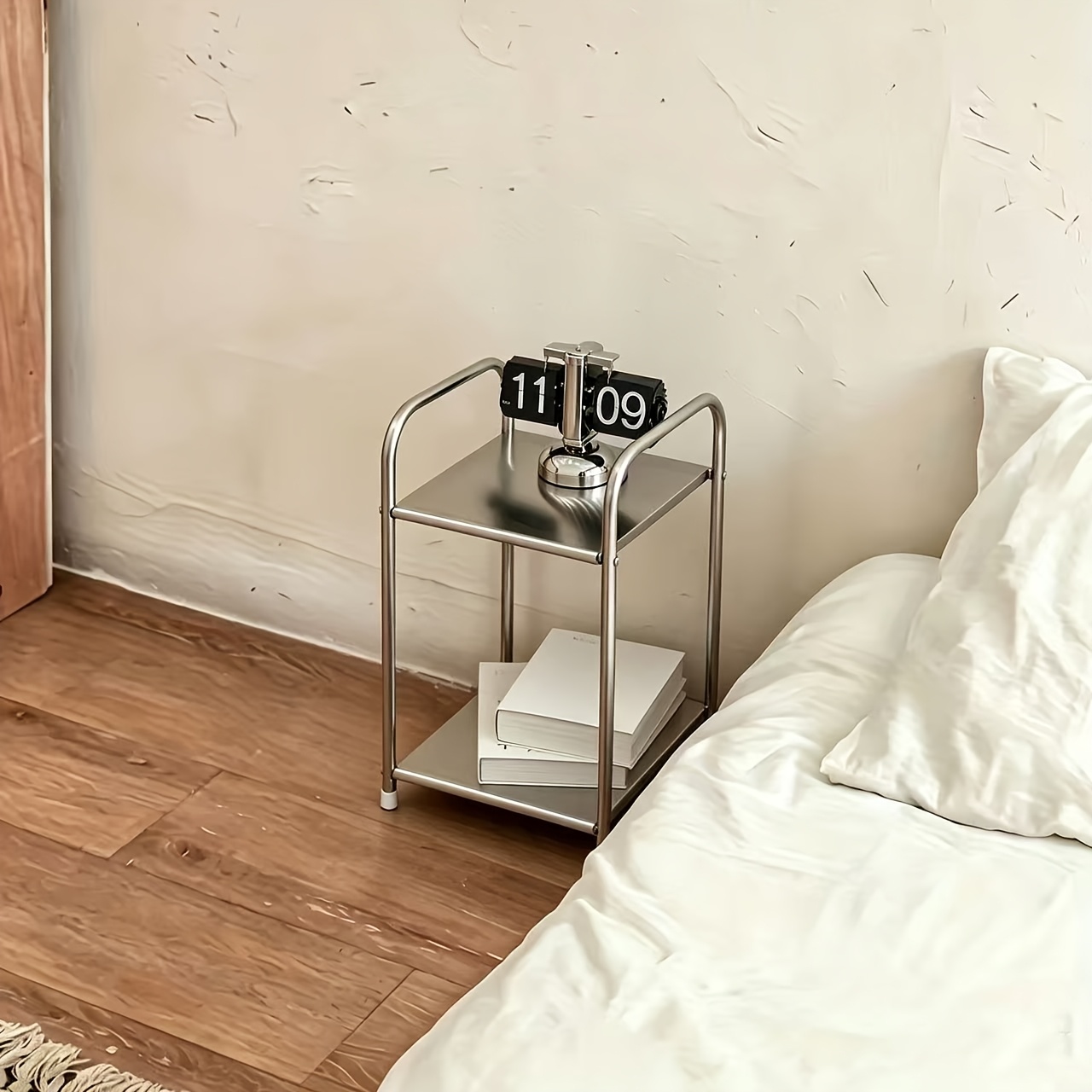 TEMU Modern Stainless Steel Side Table With Storage | Silvery Bedside Table, Home Storage Rack, No , Height Less Than 27.0 Inches, Space- Design, No