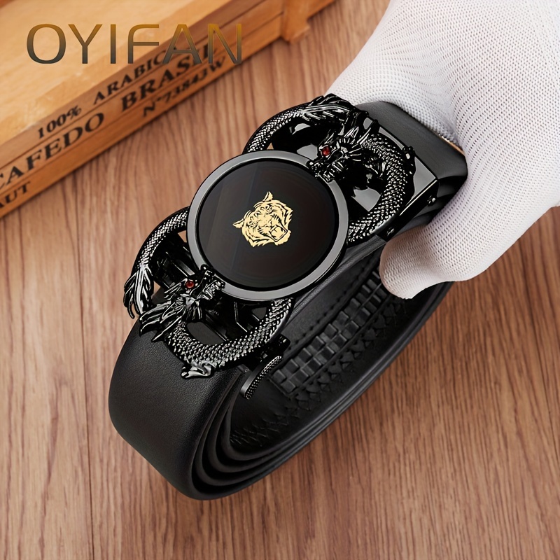 

Oyifan Glamorous Black Cowhide Belt With Automatic Alloy Buckle, Dragon Embellishment - Versatile Fit For Women And Men, Average Size