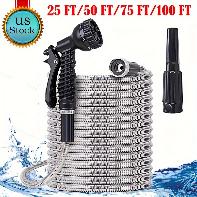 

25/50/75/100ft Stainless Steel Metal Garden Water Hose Pipe Flexible Lightweight, With Nozzles