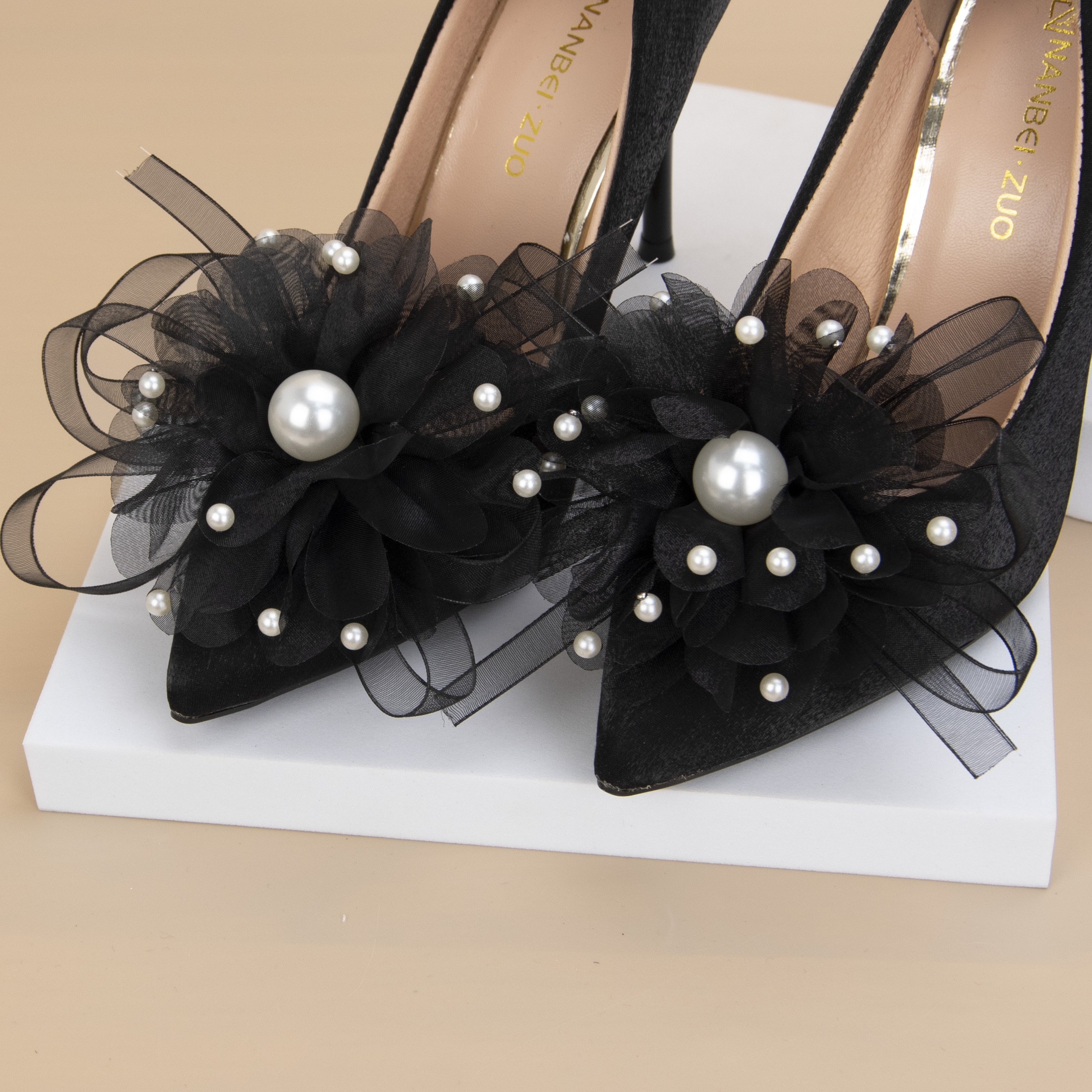 

2pcs Elegant Black Floral & Pearl Detachable Shoe Clips With Pleated Mesh Bow - Polyester, Twist For Wedding & Party High Heels, Shoe Accessories