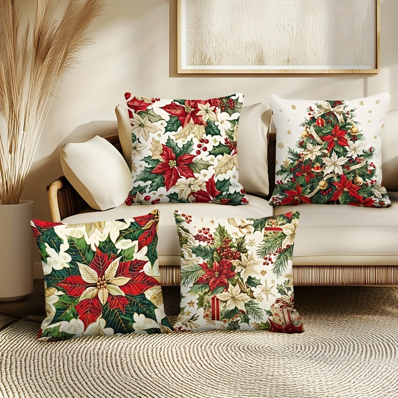 

Christmas Floral Throw Pillow Covers 18x18 Inch, Set Of 4, Zippered Polyester Decorative Cushion Cases For Sofa And Living Room - Machine Washable Woven Fabric, No Insert - Decor