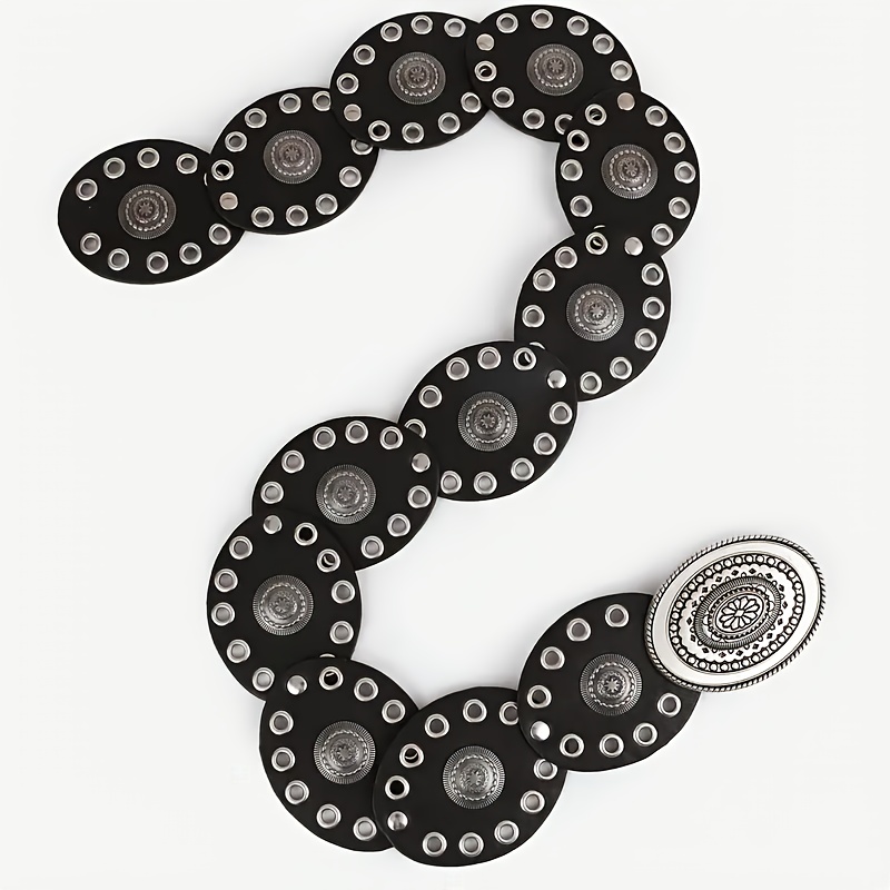 Image of A Retro-style Women's Faux Leather Belt With An Oval Decorative - Sturdy Snap Closure, Non- Material, Lightweight Design, Suitable For Casual, Dinner, And Festive Occasions - Hand Washable