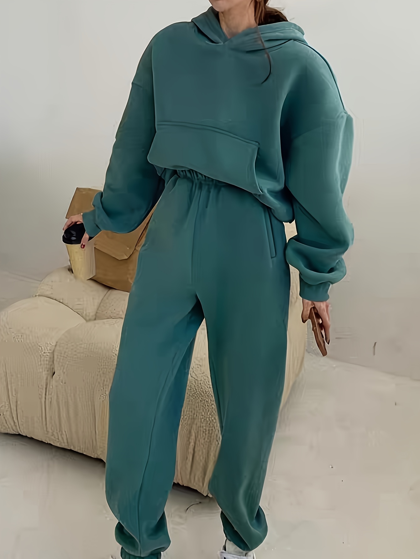 가을 겨울 여성 캐주얼 루즈핏 후드 스웨트셔츠 플리스 후드 탑 조거 팬츠 2피스 세트 여성 패션 아우터 팬츠 슈트