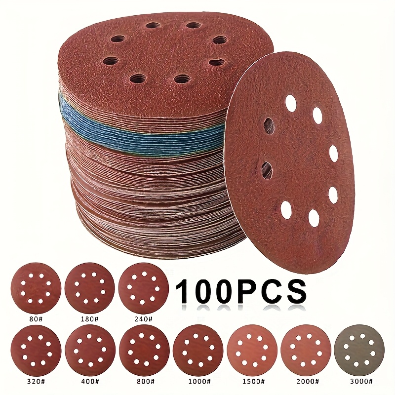 Image of 100pcs 5 Inch 125mm Fastening Sandpaper Disc, 8 Holes, 80-3000 Grit, Red, For Polishing And Abrasive Applications, Sanding Discs