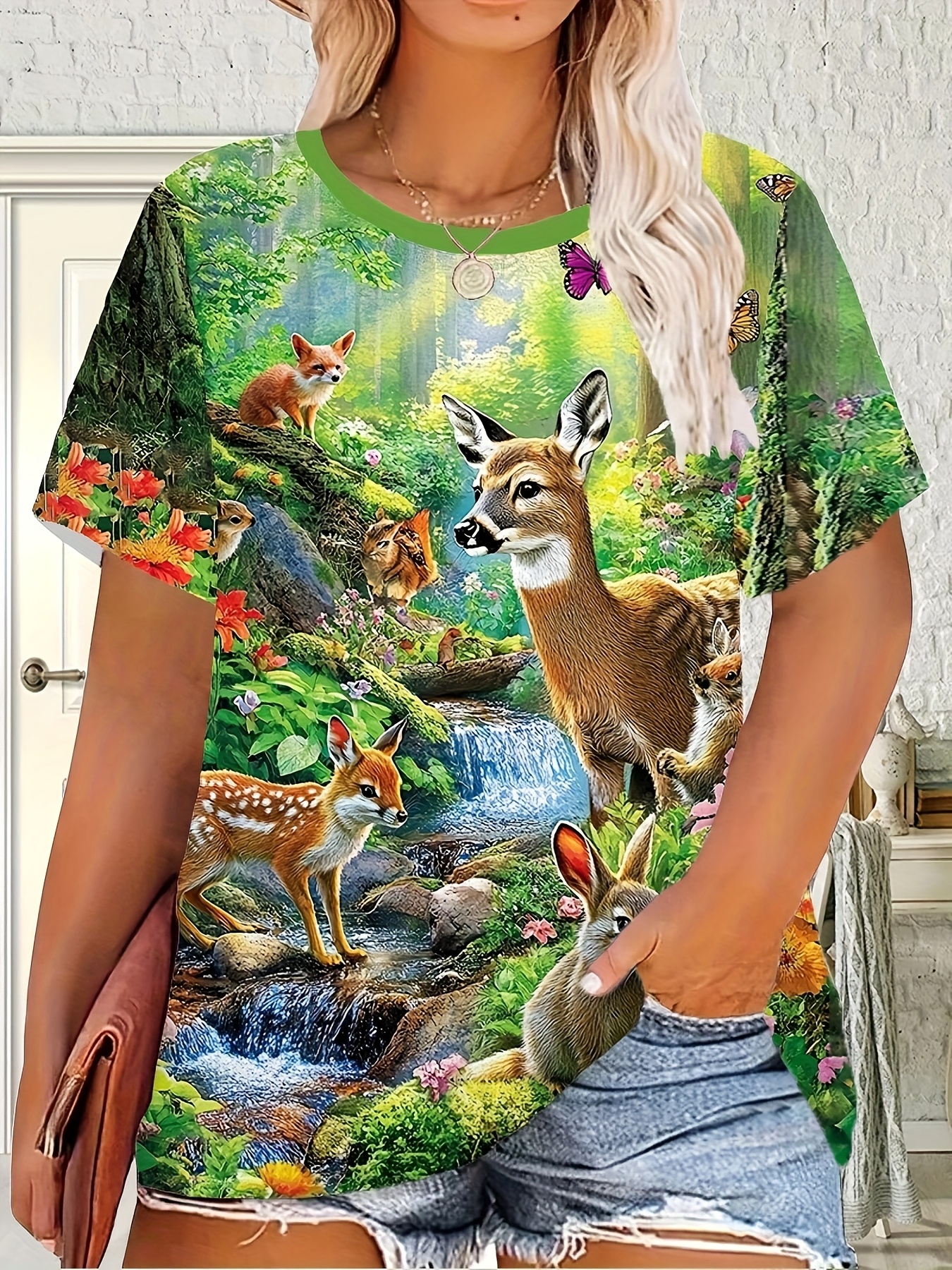 Camiseta de Talla para Mujer con Estampado 3D de Animales Top Casual  con Cuello y Manga Corta, Lavable a Máquina
