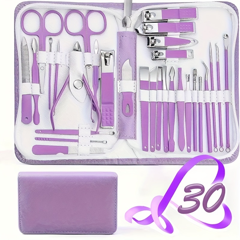 

Nail Clipper Set, Purple 30pcs Set Manicure Set, Anti Splash Fingernail Cutter Stainless Steel Nail Scissor Cuticle Tools