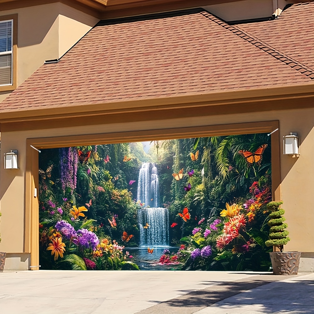 2D Flat - 2D Door Banner, 1pc Psychedelic Forest Waterfall Garage Door Banner - Vibrant 2D Flat Print, Large Polyester Fabric, Easy Hanging Installation, Perfect for Weddings, Parties & Outdoor Decor, Waterfall Wall Decor