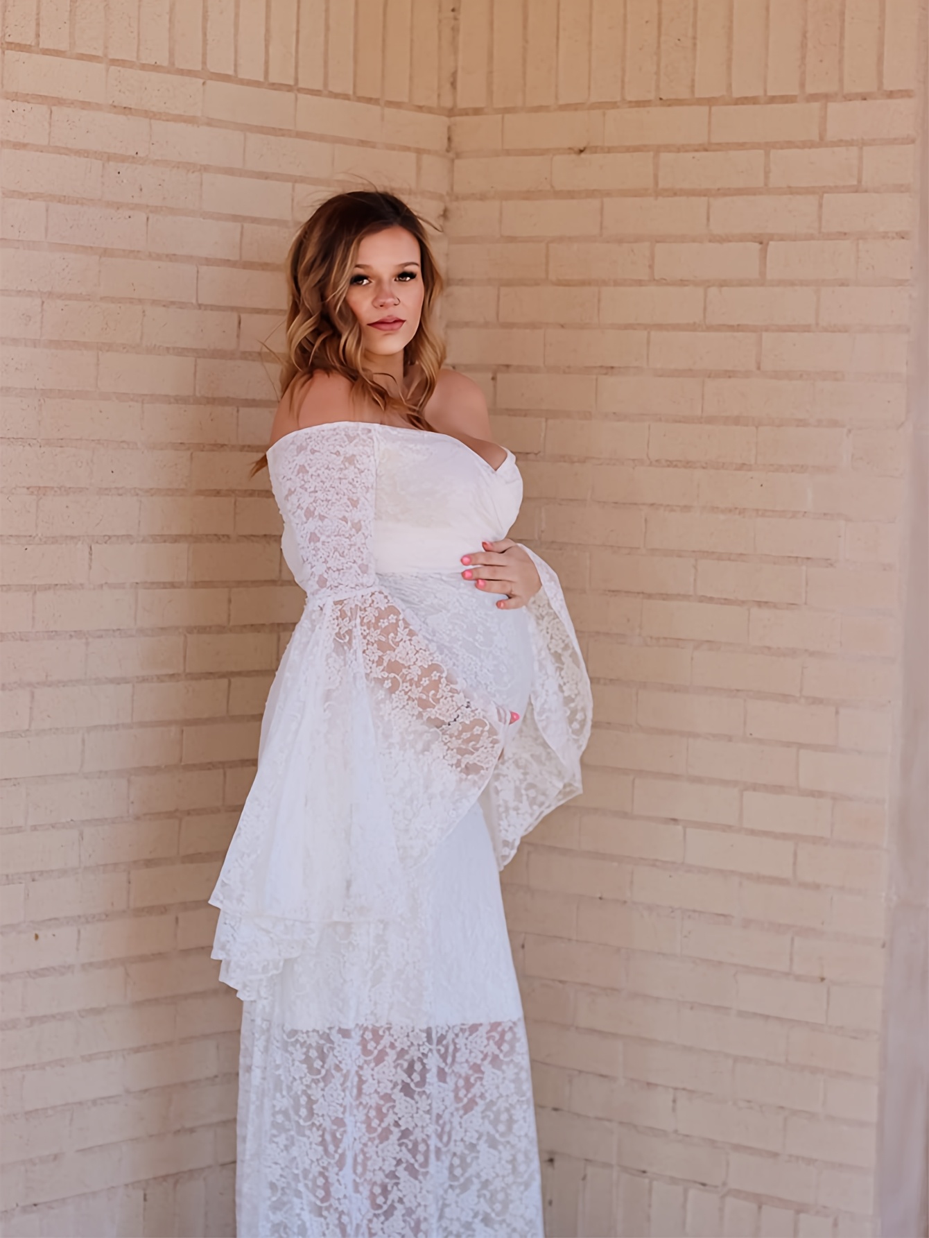 shoulder lace long dress pregnant women bell sleeve - Temu United Arab  Emirates