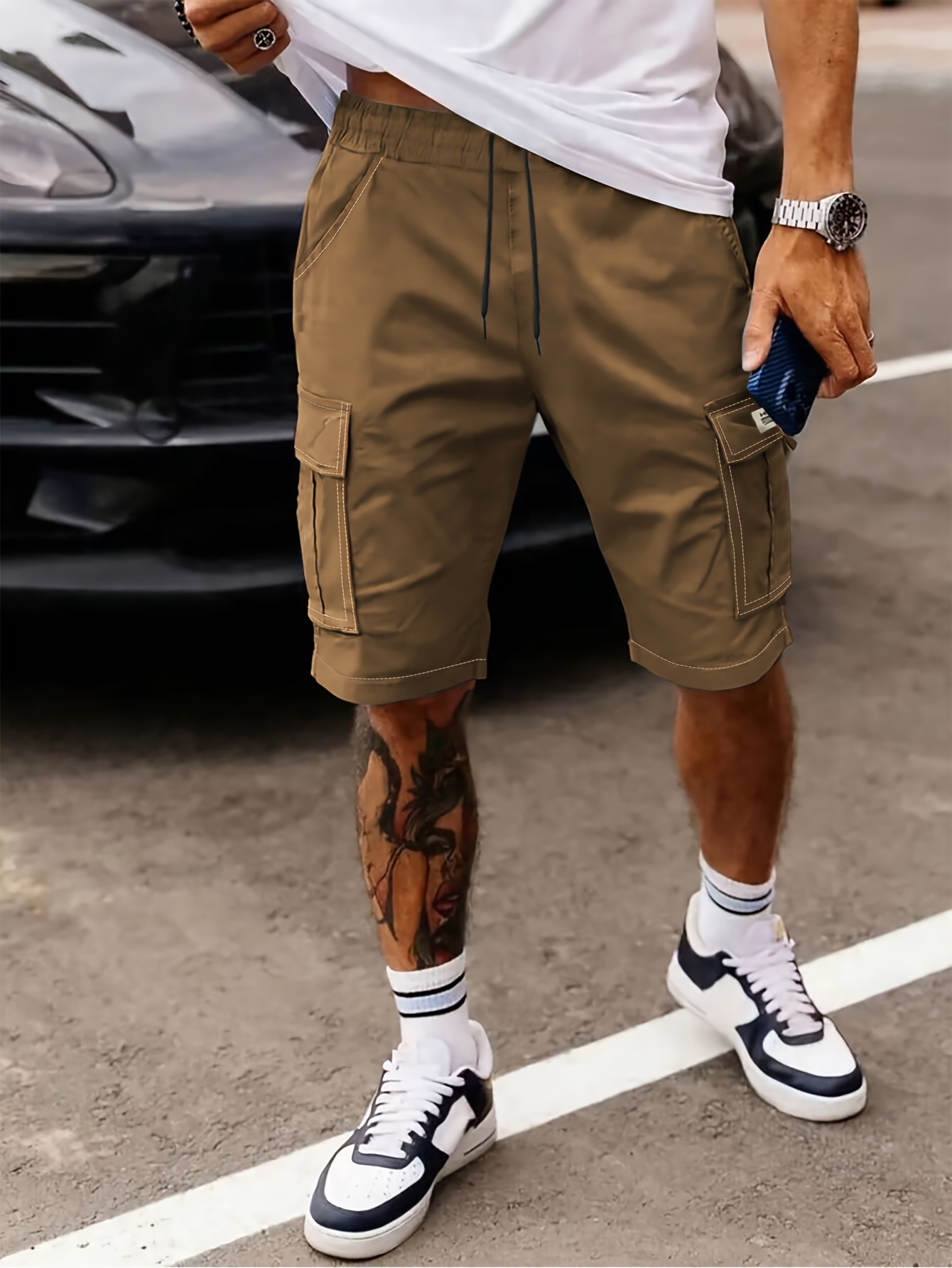 Solid Color 1pc Men's Summer Casual Workwear Shorts with Drawstring Waist & Multi-Pocket Design - Lightweight Breathable Fabric, Regular Fit for Daily Wear, Outdoor Sports, Leisure
