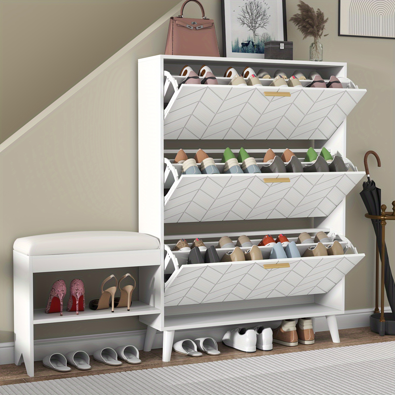 

Shoe Cabinet With 3 Flip Drawers & Bench, Shoe Storage Cabinet Shoe Organizer For Entryway, Hallway, Living Room, Closet