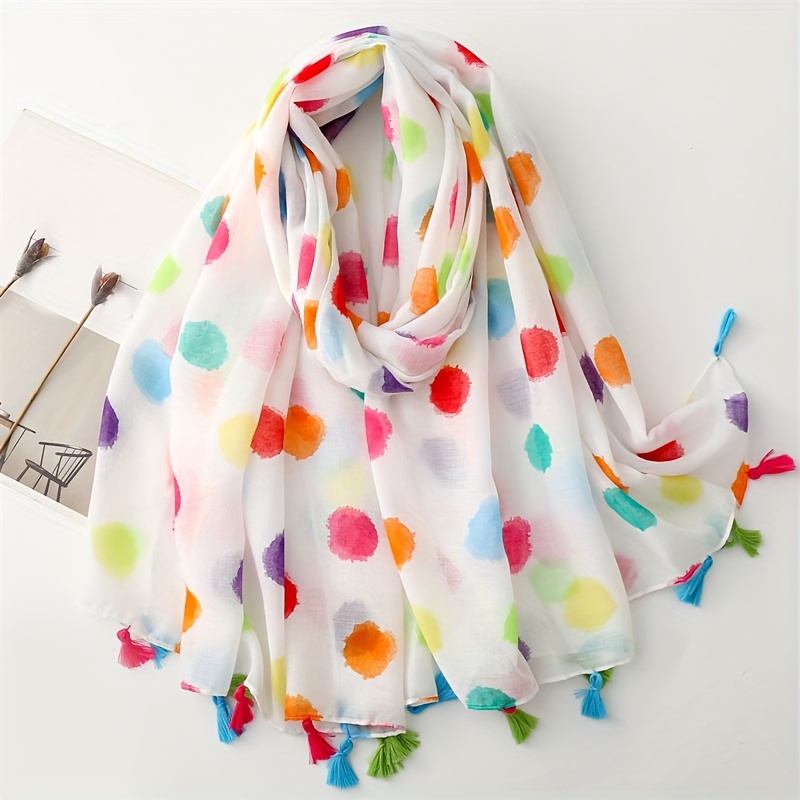 

Colorful Polka Dot Scarf Thin Breathable Cotton Linen Feeling Shawl With Tassel Boho Style Windproof Sunscreen Travel Scarf For Women