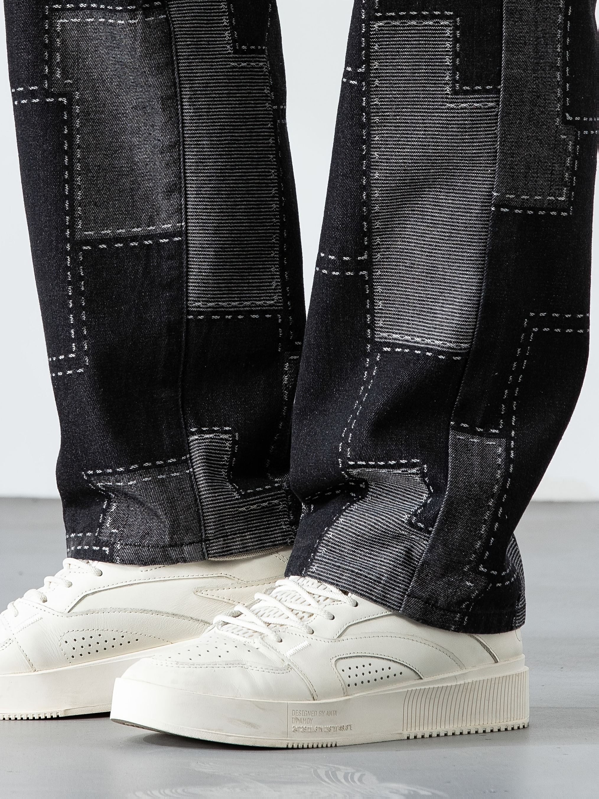 Men's Casual Checkered Straight-Leg Denim Pants - Loose Fit, Blend, Geometric Pattern, All-Season Wear, PLUS SIZE