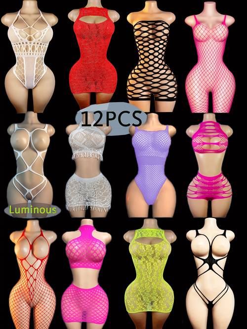 12pcs set womens lingerie multi style fishnet bodysuit hollow out mesh open fit bodystocking suspender fishnet bodysuit chest revealing sheer open no removal seductive stockings tight fitting bodysuit