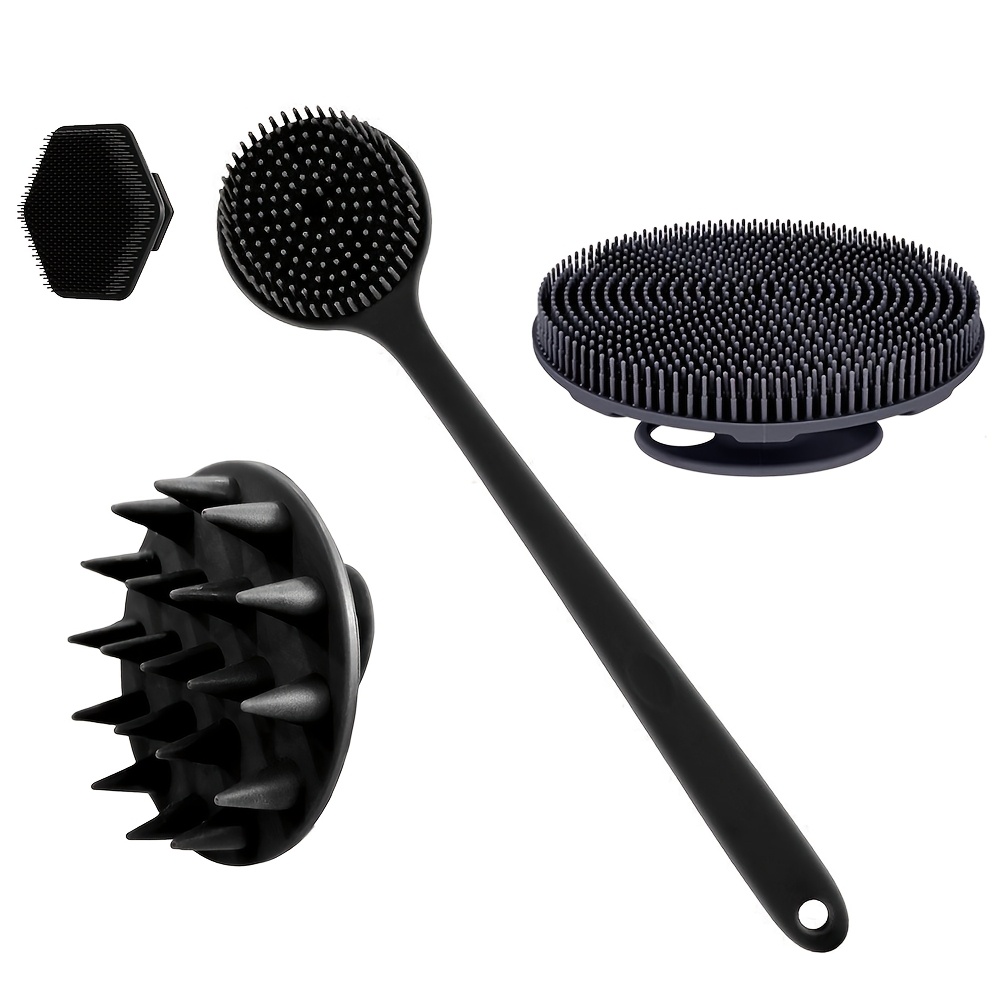 4pcs Body Brush Set - 1pc Long Handle Back Scrubber, 1pc Short Bath Brush, 1pc Shampoo Brush And 1pc Face Brush, Non-Electric Handheld Body Face Brush, with Non-Slip Grip, Strong Cleaning Power, Soft Bristles
