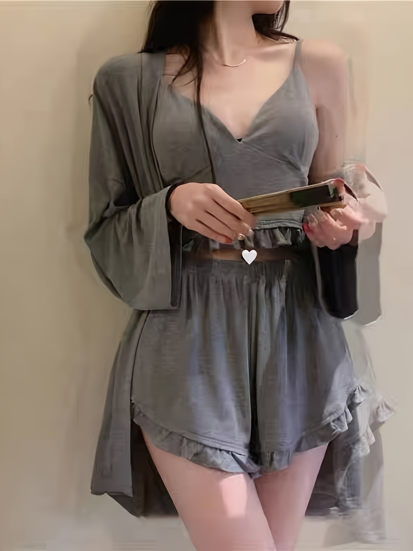 womens summer short sleeve pajamas set with a camisole and chest pads three piece sleepwear ensemble Product details 5