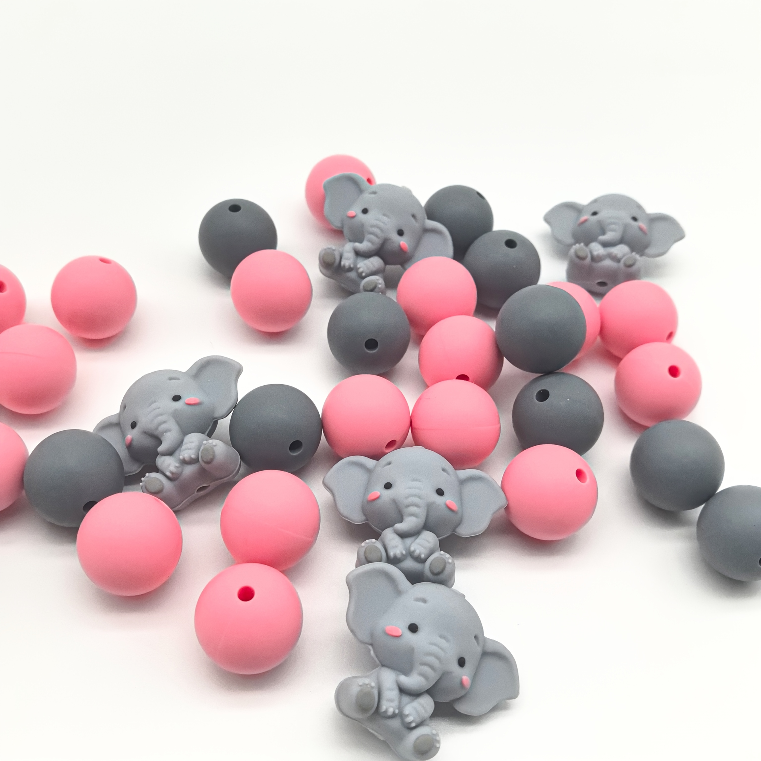 

15pcs Silicone Beads - Cute Elephant & Round Shapes In Pink & Gray, Diy Bracelets, Necklaces, Keychains & Craft Projects, Silicone Character Beads