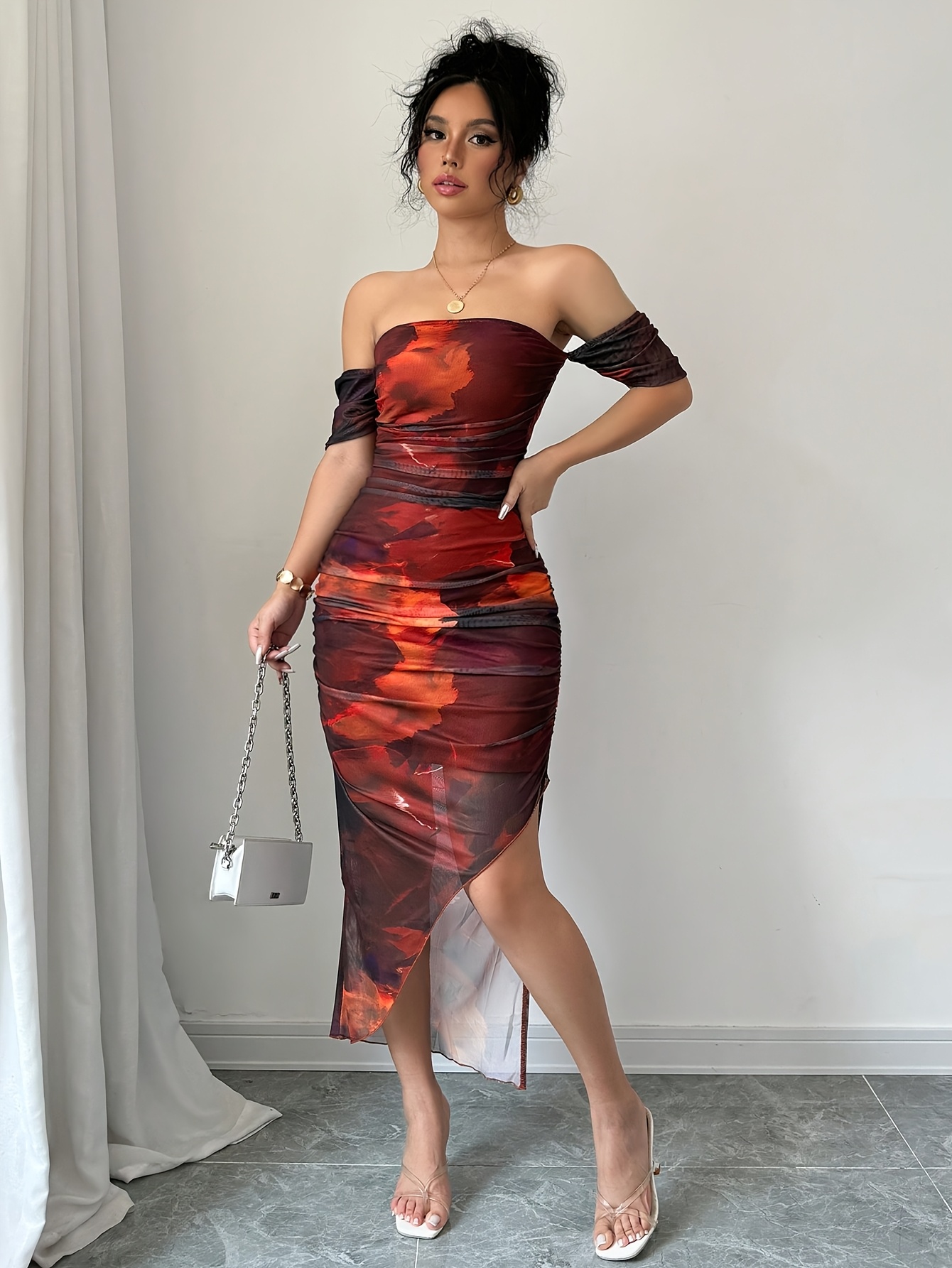 red tie dye bodycon dress womens shoulder print asymmetrical hem CHINA