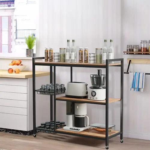 rolling steel kitchen shelf bar cart kitchen island wheeled bakers rack coffee microwave stand cart with wire basket storage serving cart