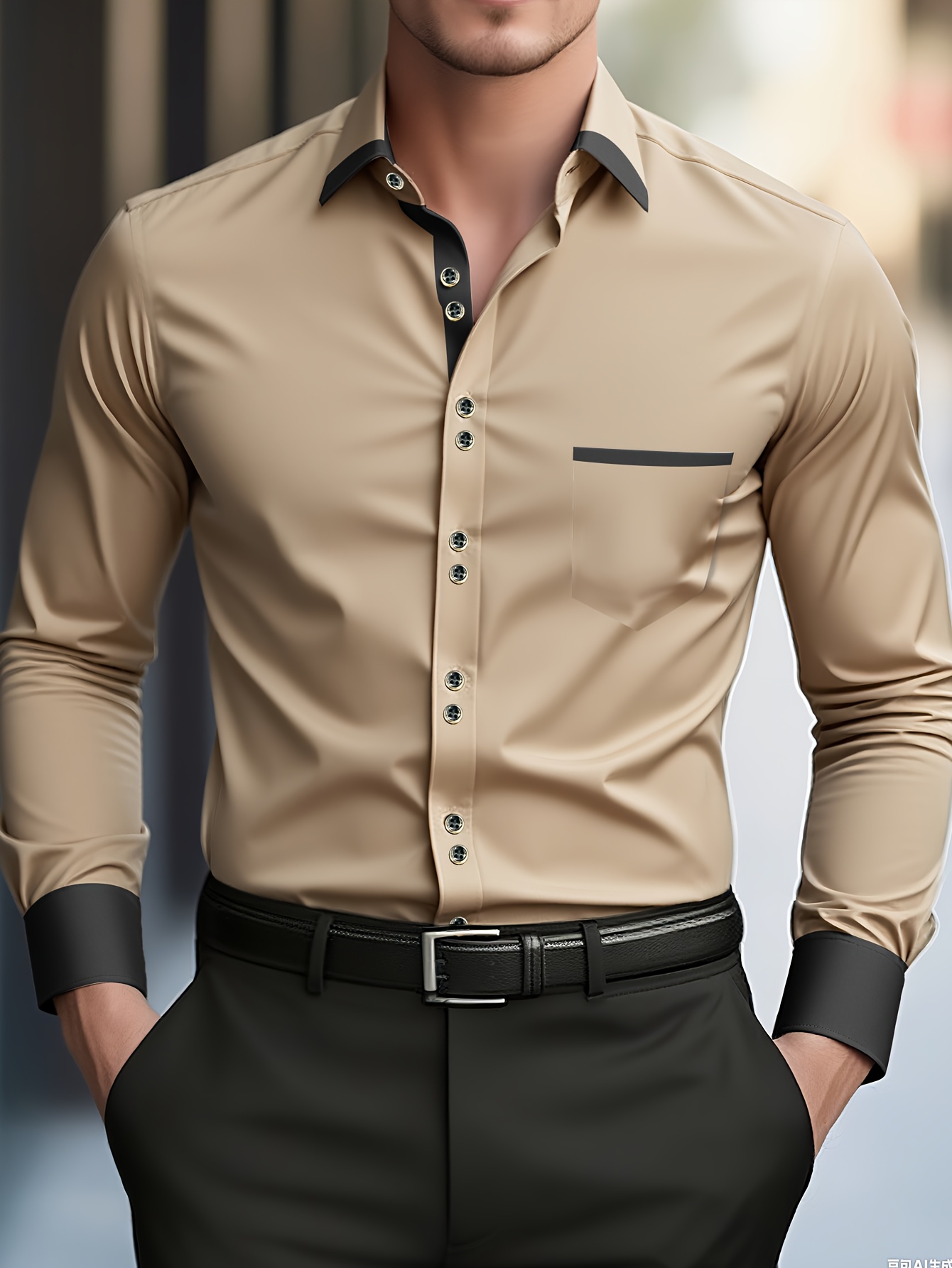 Men's Spring/Autumn Light Brown Khaki Long Sleeve Button-Up Shirt with Black Buttons, Old Money Style Business Casual Formal Shirt, Men's Autumn/Spring Dress Shirt, Golden-Trimmed Black Buttons
