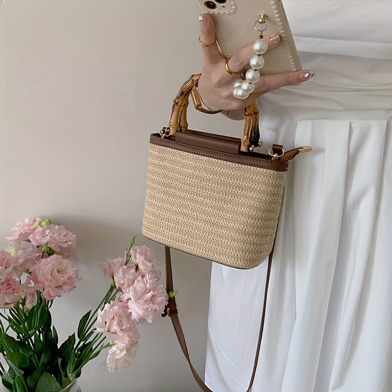 

Women's Summer Fashion Handbag, Nylon Woven Crossbody Bucket Bag With Stylish Bamboo Handle, Versatile Small Tote For Vacation