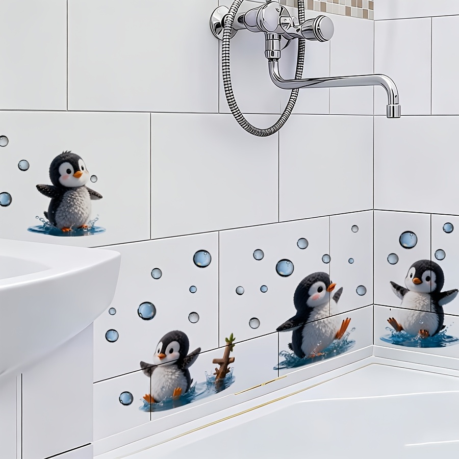 Image of 1 Set/2pcs, 11.8inch*7.87inch, Cute Penguin Playing In Water Self-adhesive Waterproof Wall Sticker, Fresh And Soothing Atmosphere Decal For Bathroom Walls