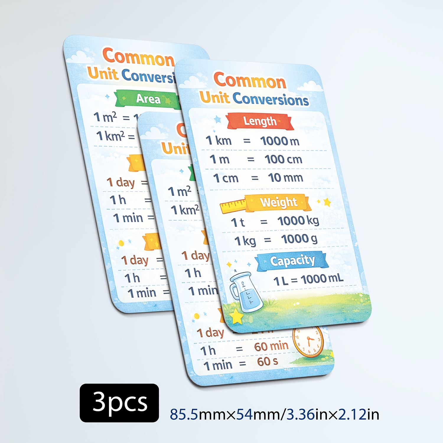 Set Of 3 Cards For Units, Featuring A Reference For Metric Measurements Including Length, Weight, Volume, And Capacity. Educational Flashcards Serve As Teaching Aids