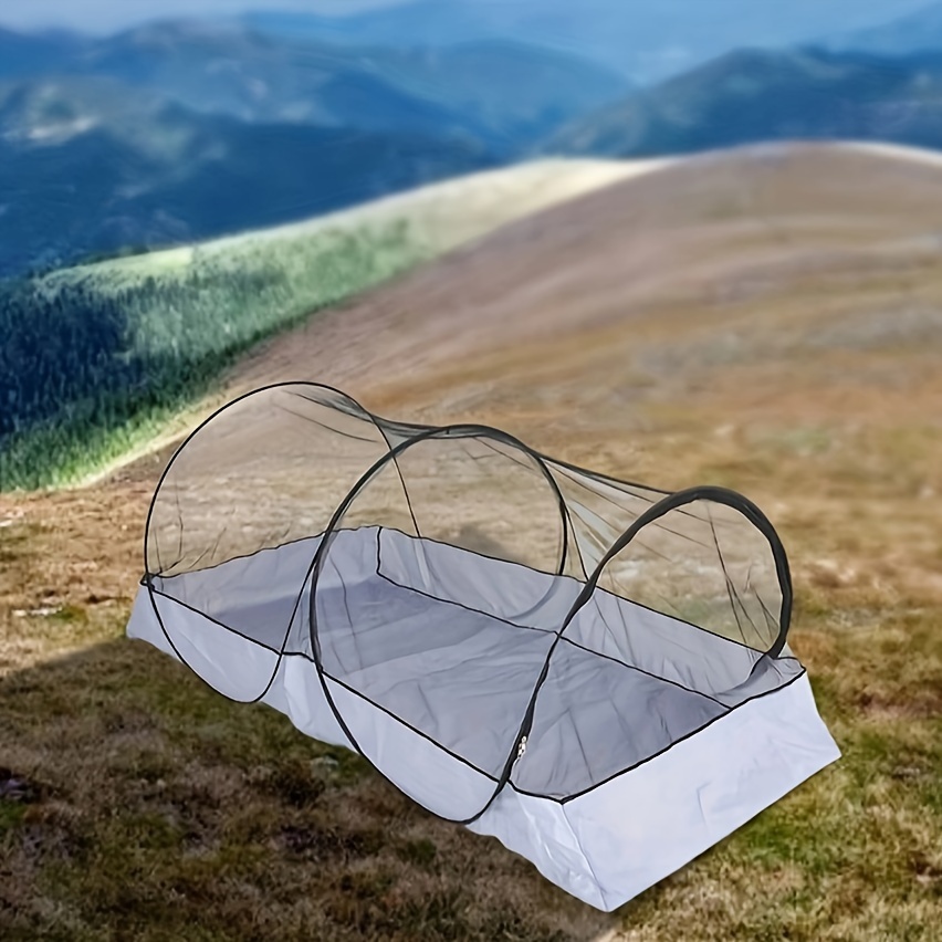 

1pc Outdoor Gray Background Bed Canopies, White And Black Nets, Single Person Portable, Installation Free, Mosquito Proof, Camping, Tourism, Floor Laying, Encrypted And Foldable Mosquito Nets