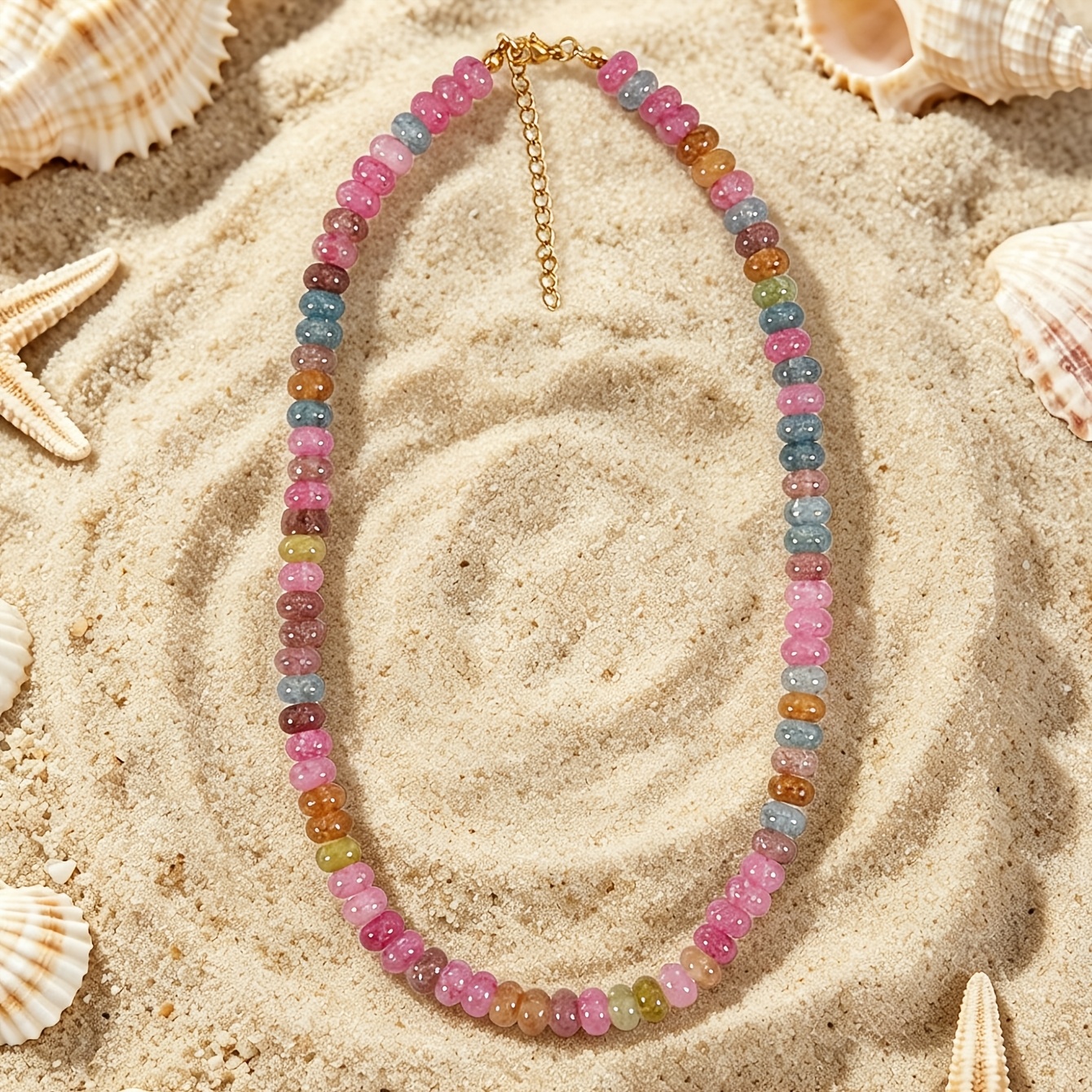 TEMU European Bohemian Style Beaded Necklace For Ladies, 18k Gold Plated Accessories, Glass Imitation Stone Abacus Beads Chain, Beach Daily Wear