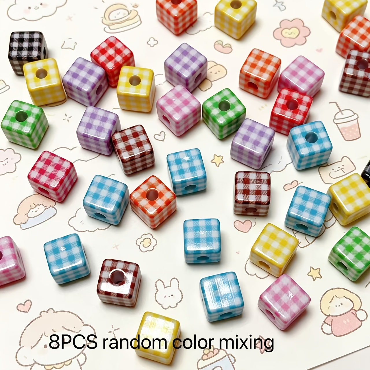 TEMU 8pcs Random Mixed Color Acrylic Large-hole Checkered Square Beads, Versatile Diy Beading, Suitable For Diy Bracelets, Necklaces, Earrings, Phone