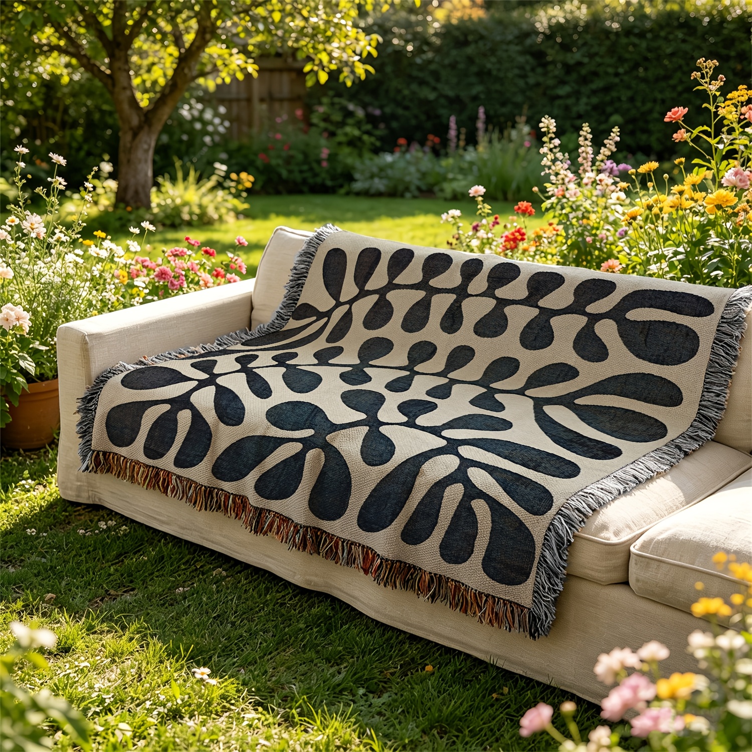 TEMU Bohemian Fringe Throw Blanket & Tapestry Suitable For Bed, Sofa, Tablecloth - Thick Soft Yarn Woven Shawl With Abstract Plant Pattern, Fringe