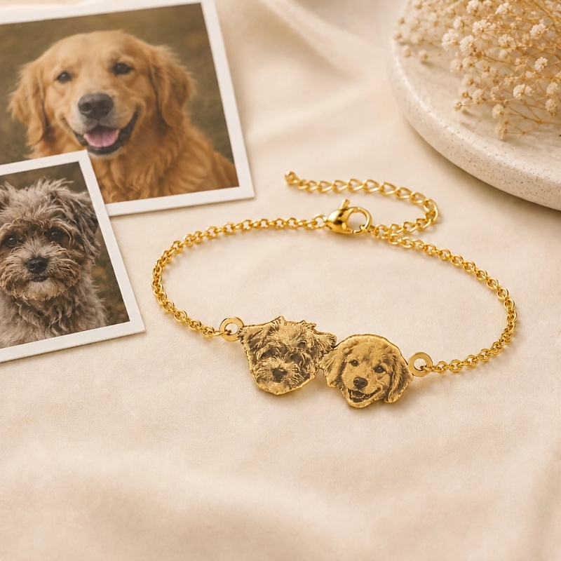 TEMU Bracelet Portrait Personnalisé de Compagnie (2 Photos), Bijou Visage en Acier Inoxydable Étanche, Minimaliste, Usage , Unisexe, pour des Animaux