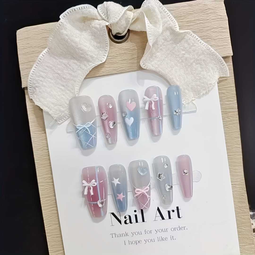TEMU 10pcs Blue And Pink Contrasting Color Tie Bow Middle Ladder Pure Handmade False Nails Little Diamond Fashion Trend Versatile False Nails Student Daily Nail Art