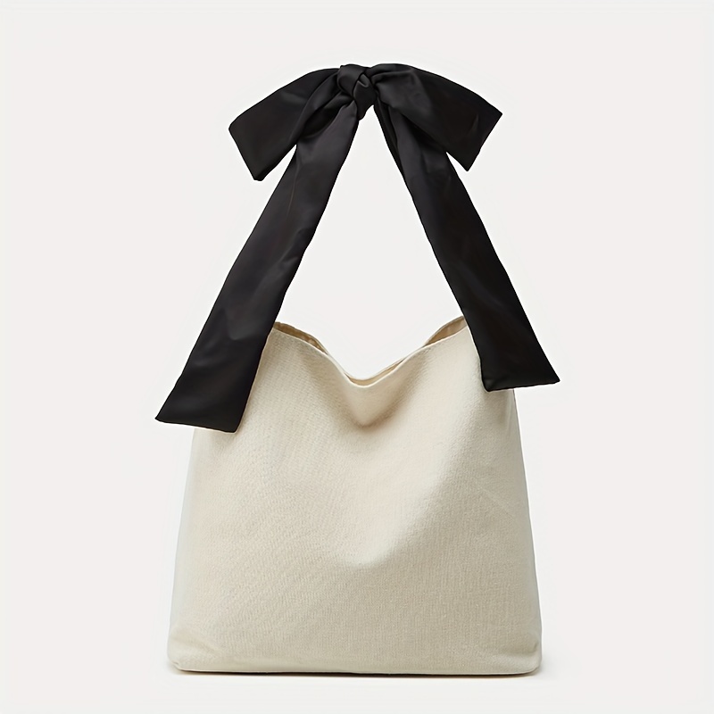 Image of Elegant Canvas Tote Bag For Women, Shoulder Shopping Bag With Chic Black Bow, Casual Durable Carryall