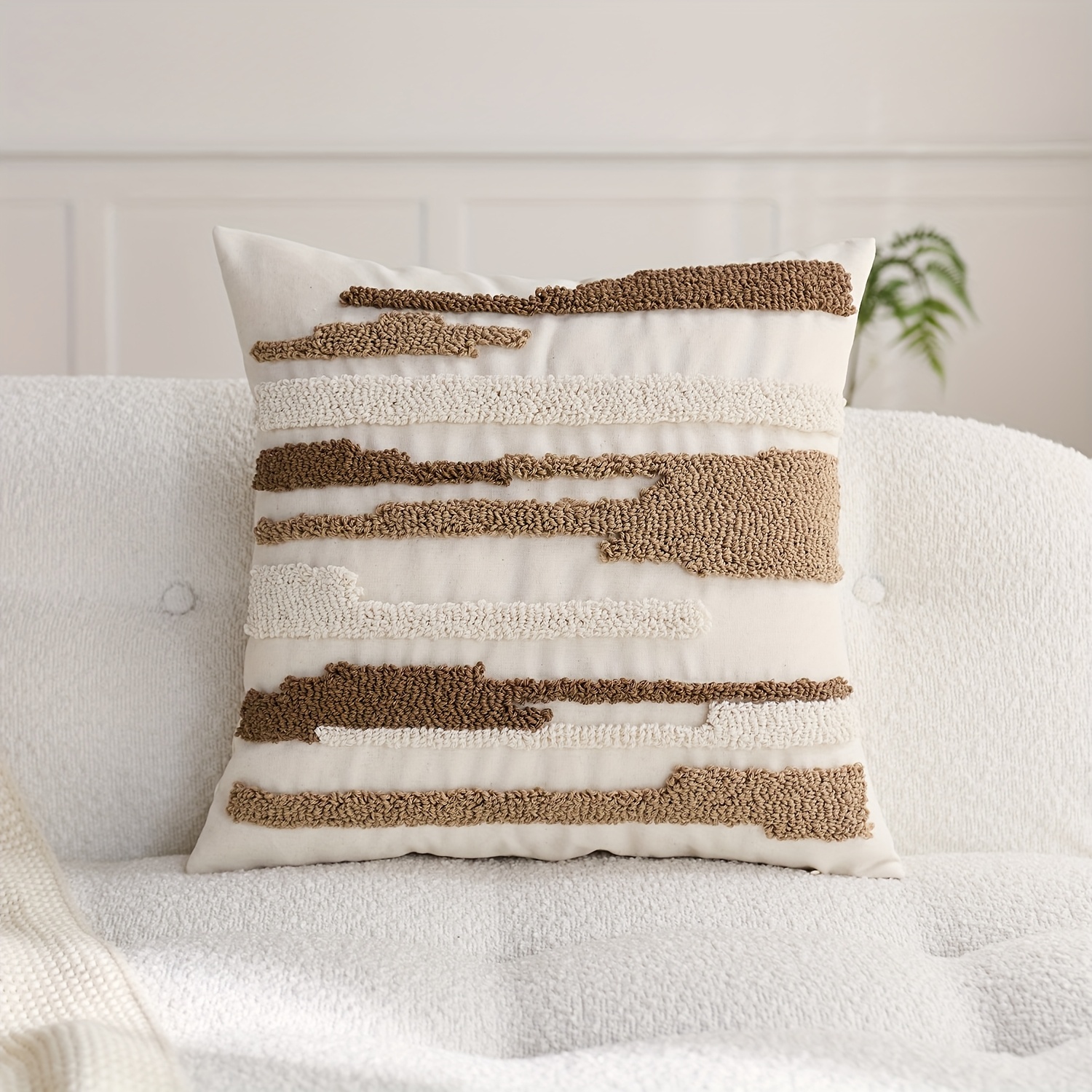 Image of 1pc, Linen Pillowcase, Boho Geometric Stripe/block Throw Pillow Cover, Single Side Loop Pile Embroidery, Suitable For Sofa, Living Room, Bedroom Home Decoration, No Pillow Core