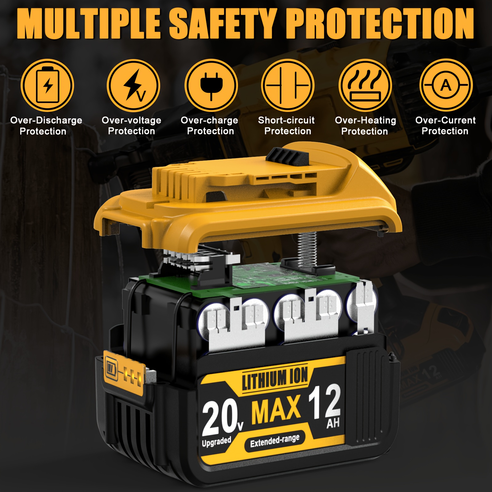 4 2 pack 20v 12 0ah lithium replacement battery for dewalt 20  tools     12000mah cordless drill battery pack with led indicator 6 layer safety protection