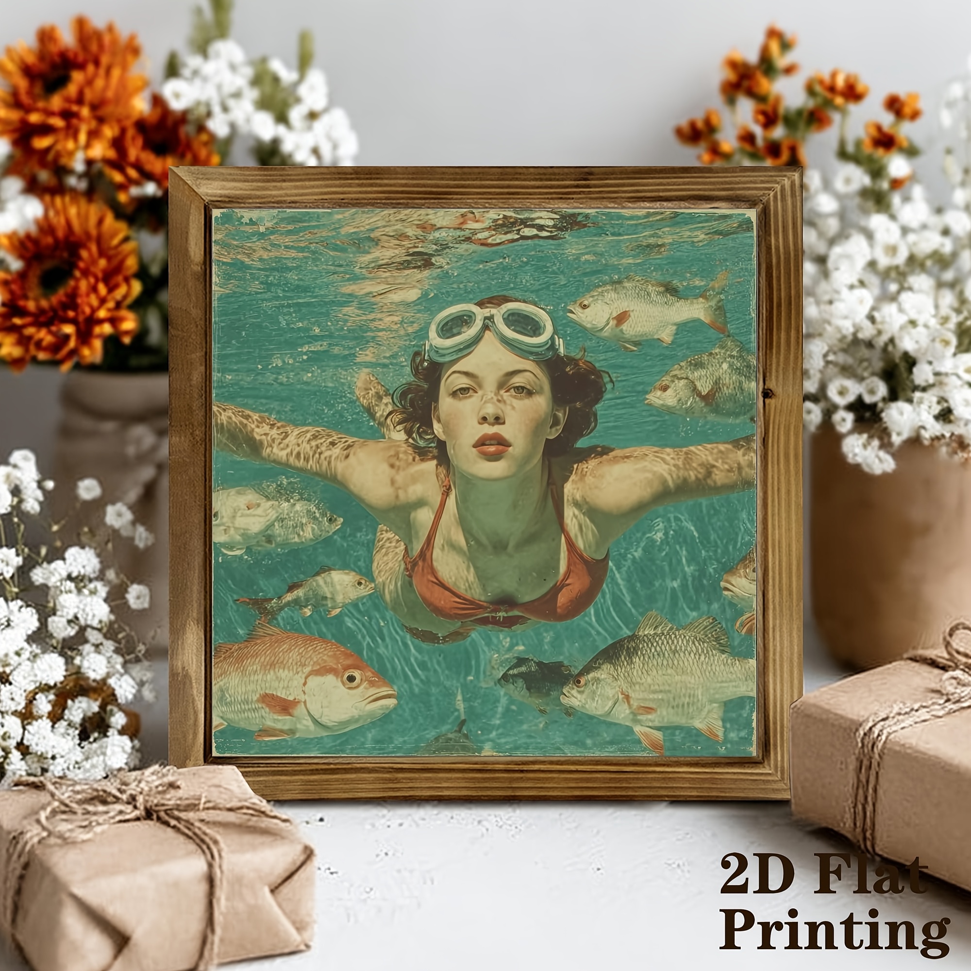 TEMU 2D Plat, 1pc Cadre Photo Vintage 2D Plat, Art Mural Créatif sur le Thème de Poisson Doré et Fille dans , Idéal pour Salon, Chambre, Bureau,