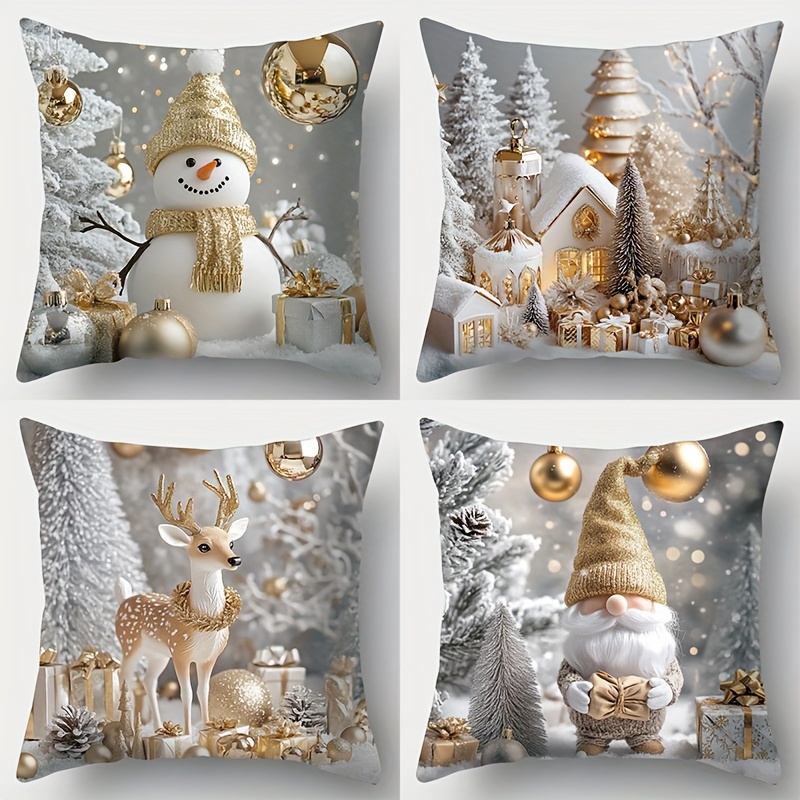 

4pcs Set, Pillowcases Featuring Christmas, Snowman, House, Christmas Deer, , And Other Patterns. Waist 17.72 * 17.72 Inches. Room Decoration, Living Room Decoration, Sofa Decoration, Without Pillow .