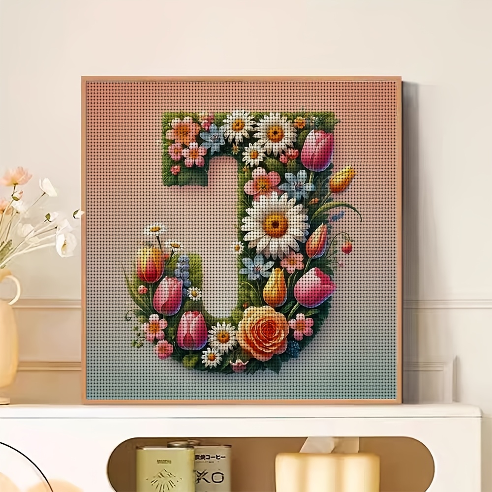 Frameless Stitch Printing Kit, Floral Composition of Letter J