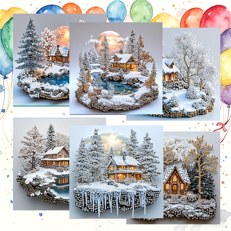 TEMU 6pcs Set Of Unique New Diamond Painting Greeting Cards, Winter Design Cards, Birthday Holiday Cards For Adults, Handcrafts And Party Gifts,