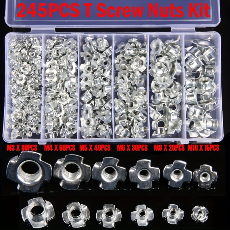 

245pcs Zinc-plated T-nut Set, M3-m10 Sizes - Polished , Snap-in Installation For Furniture Hardware