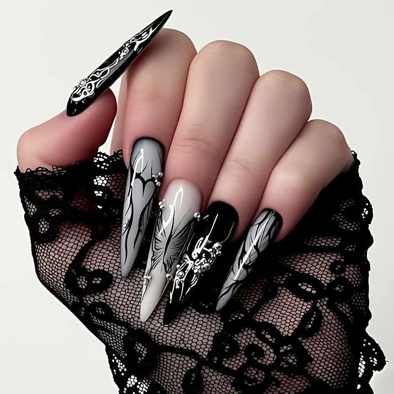 Lange, schwarze, mandelfrmige Ngel, passendes Gothic Schmetterling- und  Herz-Muster Design [Verbesserte Version], wiederverwendbares Falsche Nagel  Set, (* Style) 24 Stck