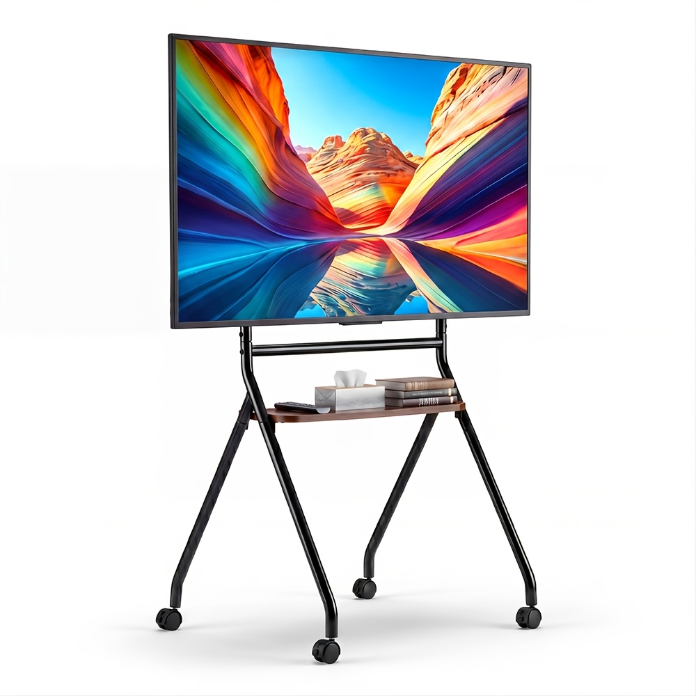 TEMU Mobile Tv Stand With Wooden Shelf, Height Adjustable Floor Tv Stands With Wheels For 32-85 Inch Tvs Up To 80kg, Max Vesa 600x400mm, Rolling Tv