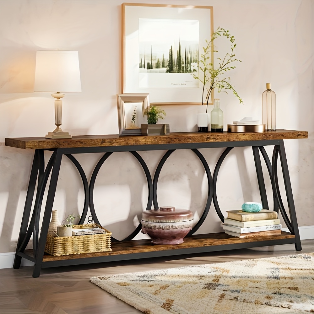 70.9 Inch Extra Long Console Table, Industrial Sofa Table Behind Couch With 2 Tier Storage Shelf, Narrow Entryway Hallway Accent Table For Living Room, Rustic Brown